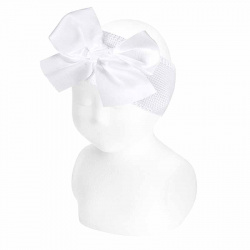 Garter stitch headband with large grosgrain bow WHITE