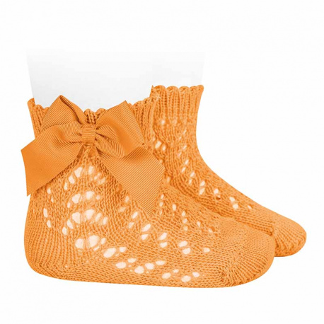 Perle openwork short socks with grossgrain bow PEACH