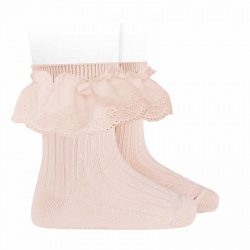 Rib short socks with embroidered batiste NUDE