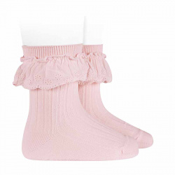 Rib short socks with embroidered batiste PINK