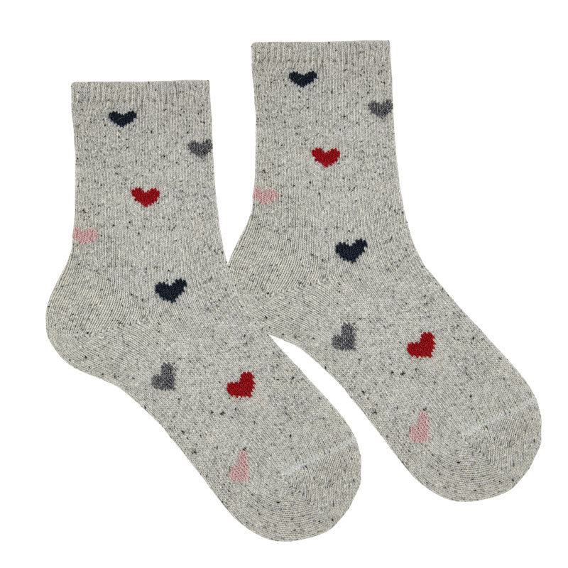 Tweed heart embroidery short socks GREY TWEED