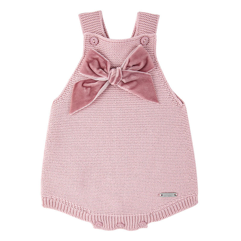 Garter stitch baby rompers with velvet bow PALE PINK