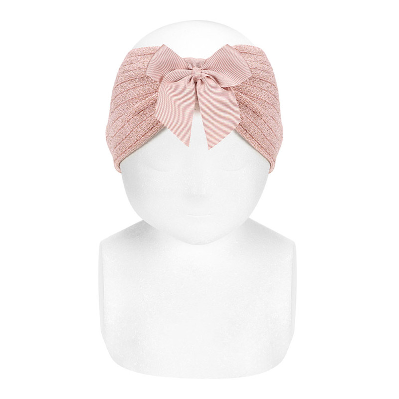 Bright yarn headband with grosgrain bow OLD ROSE