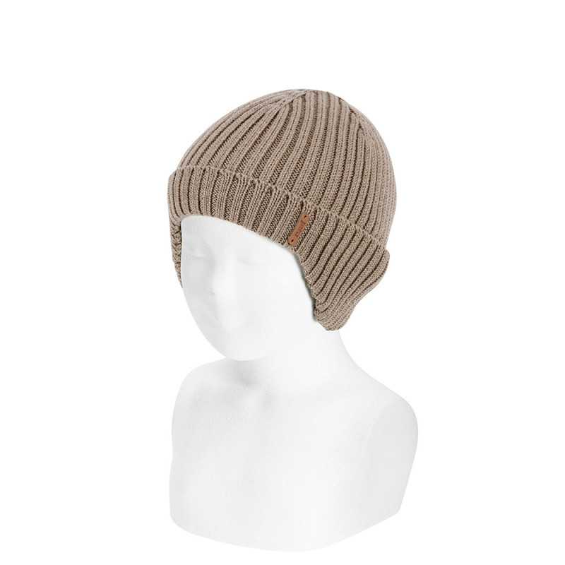 100% merino wool rib knit hat with earflaps SAND