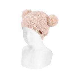 Bulky knit hat with pompoms...