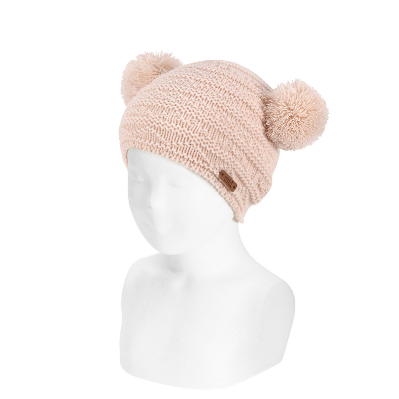 Bulky knit hat with pompoms and relief border NUDE