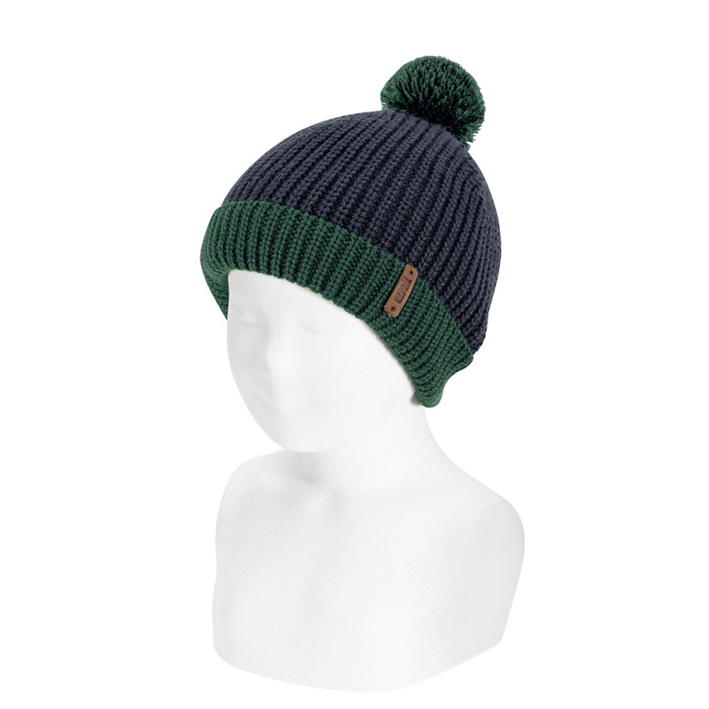 English stitch bicolour knit hat with pompom NAVY BLUE