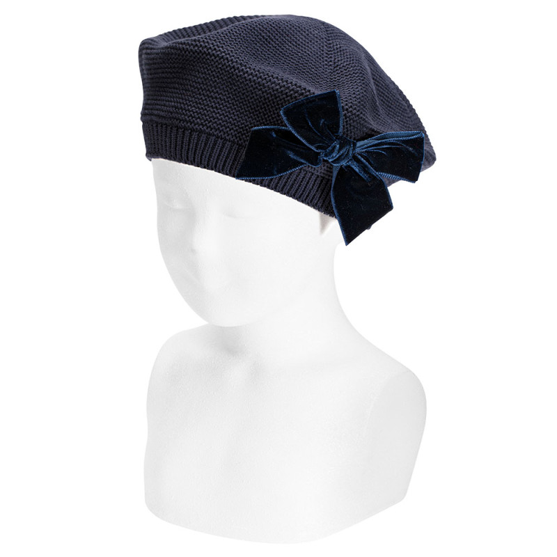 Garter stitch beret with velvet bow NAVY BLUE