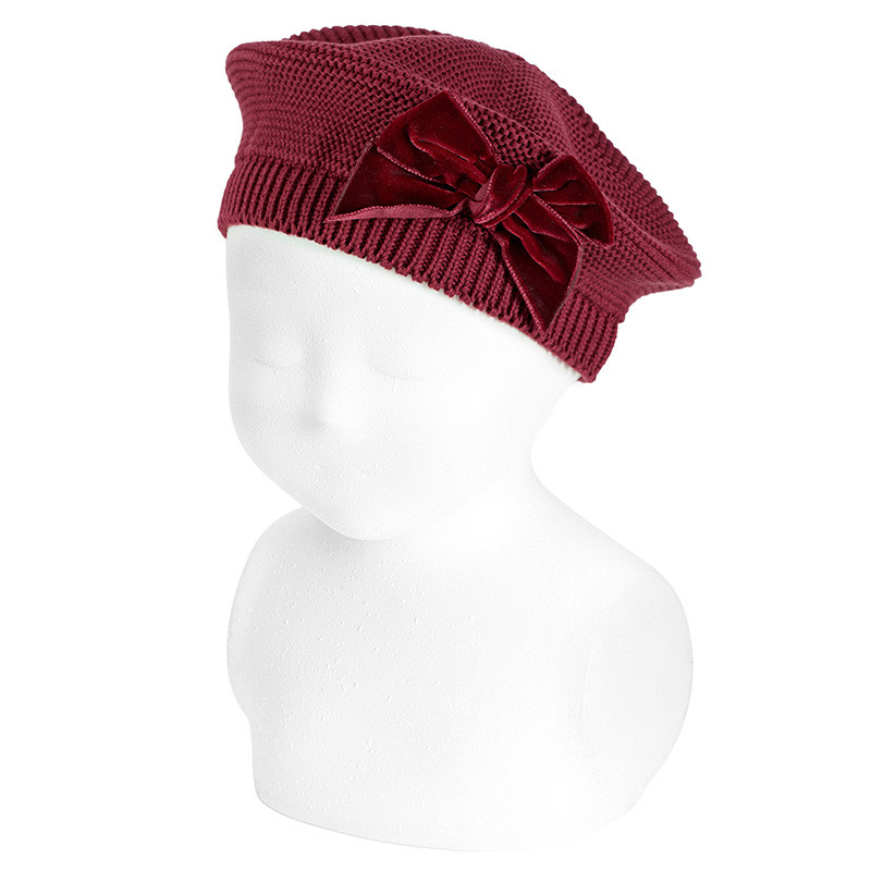 Garter stitch beret with velvet bow GARNET