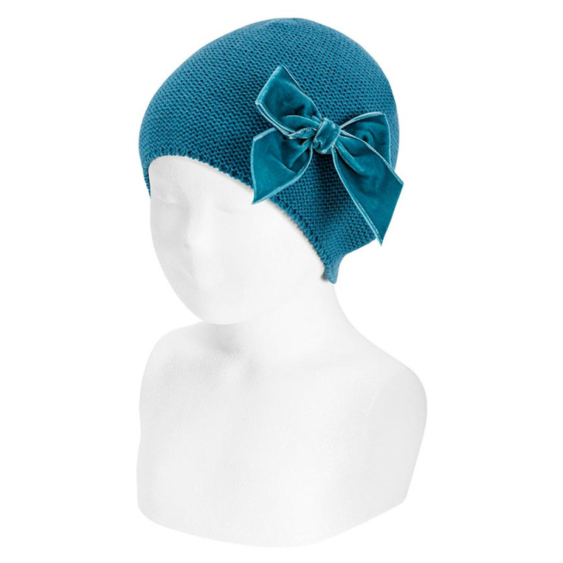 Garter stitch knit hat with big velvet bow OCEAN