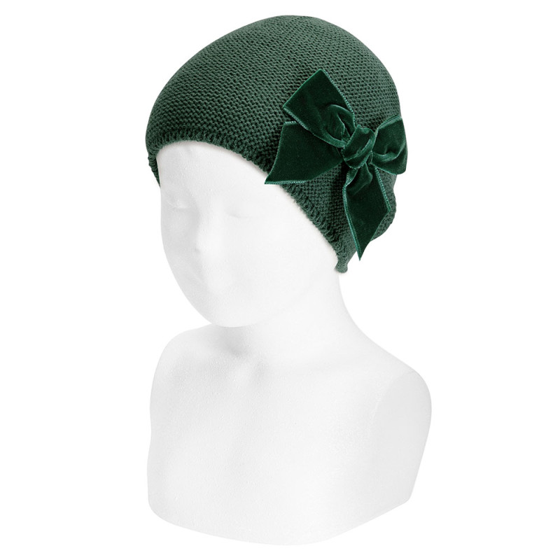 Garter stitch knit hat with big velvet bow BOTTLE GREEN