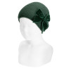 Garter stitch knit hat with big velvet bow BOTTLE GREEN