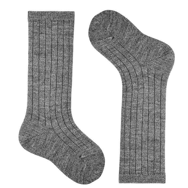 Chaussettes hautes côtelées en laine GRIS CLAIR