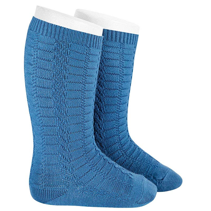 Chaussettes hautes coton, mini tresses verticales BLEU FRANCE