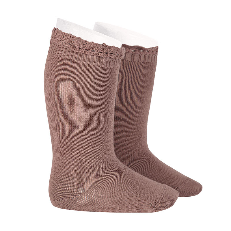 Knee socks with lace edging cuff PRALINE