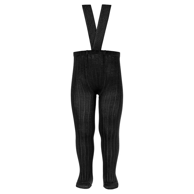 Rib tights with elastic suspenders BLACK