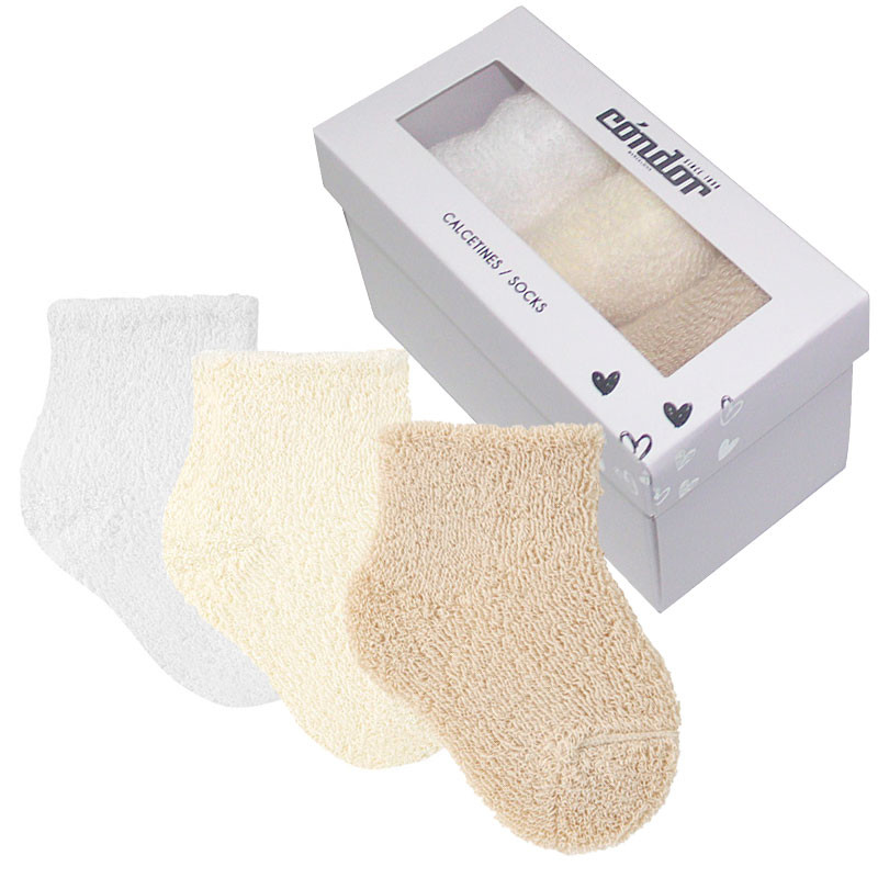 Lot de 3 chaussettes en tissu éponge bébé BEIGE-BLANC