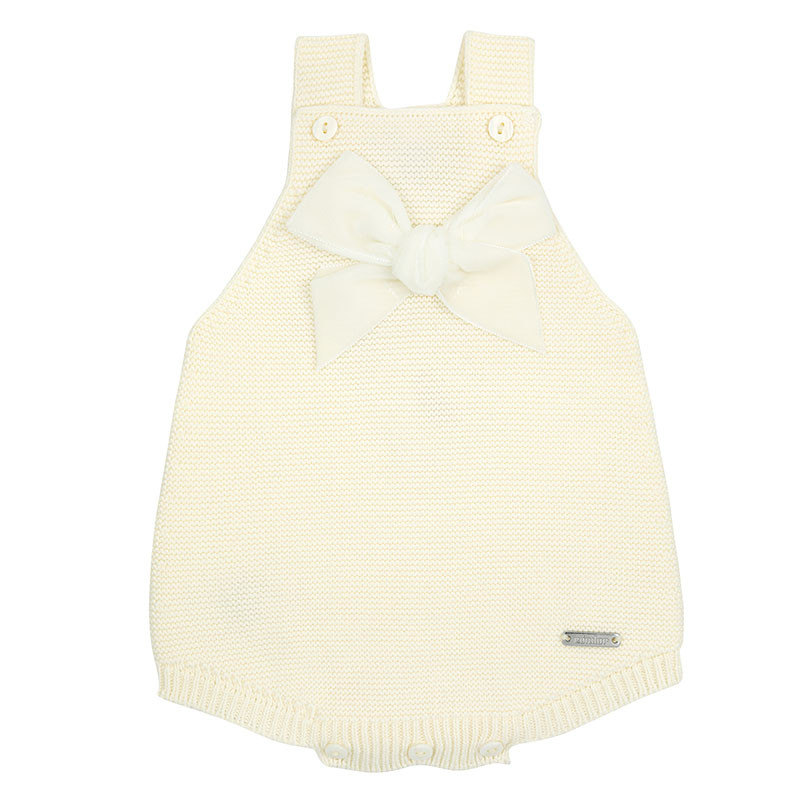 Garter stitch baby rompers with velvet bow BEIGE