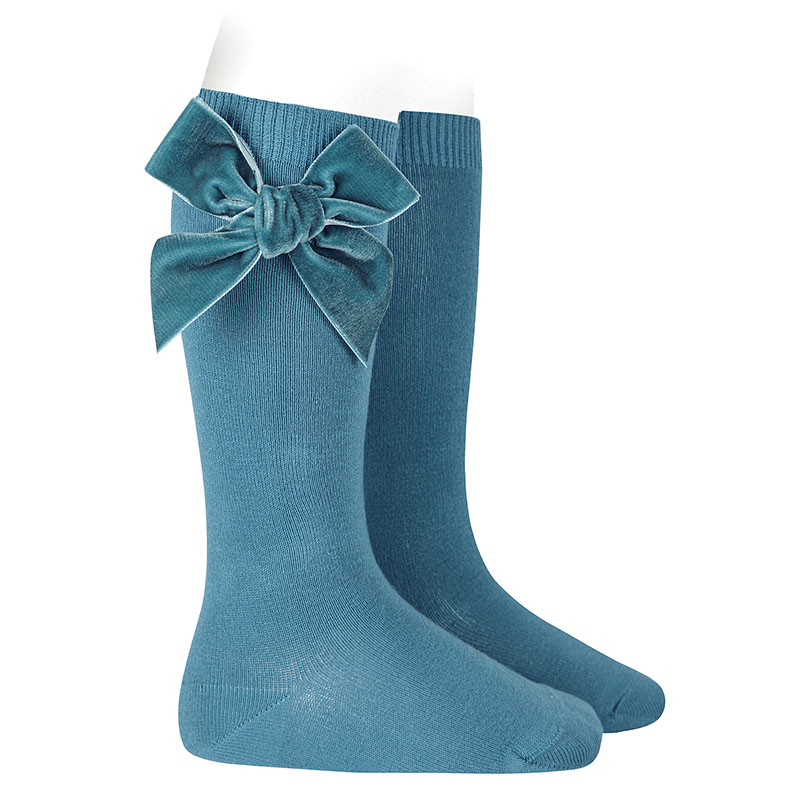 Cotton knee socks with side velvet bow OCEAN