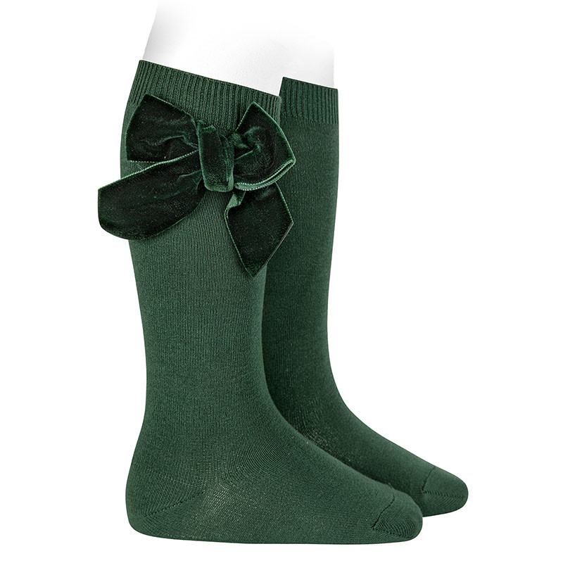 Cotton knee socks with side velvet bow BOTTLE GREEN