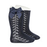 Side openwork warm cotton knee socks with bow NAVY BLUE