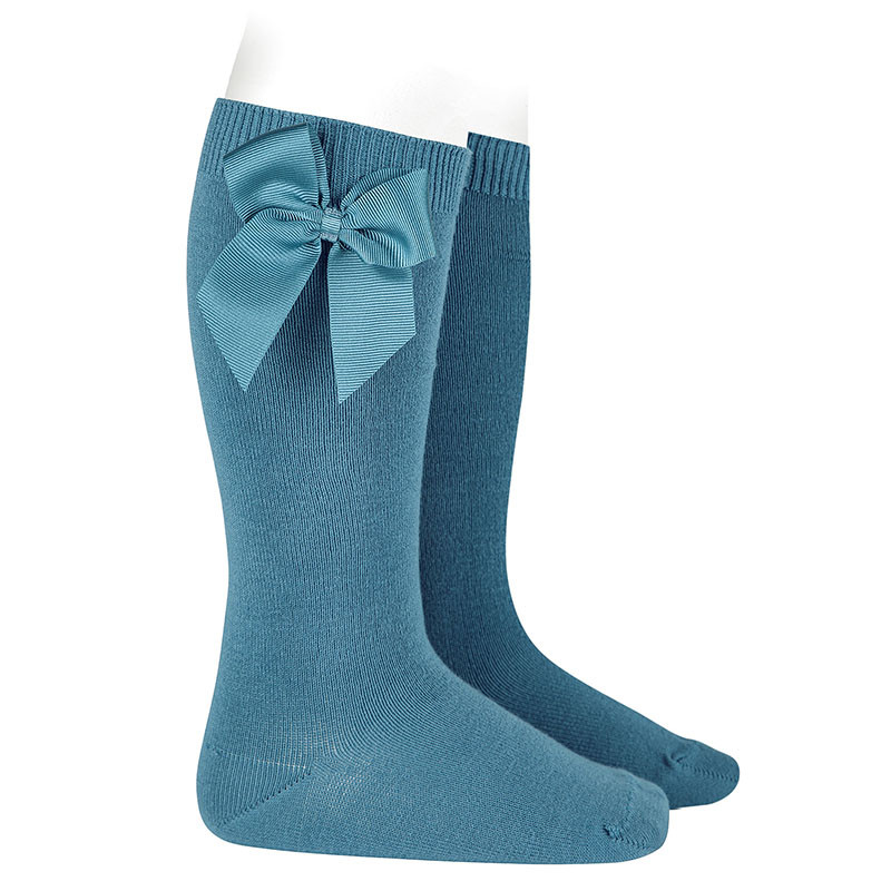 Cotton knee socks with side grosgrain bow OCEAN