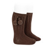 Warm cotton rib knee-high socks with pompoms CHESNUT