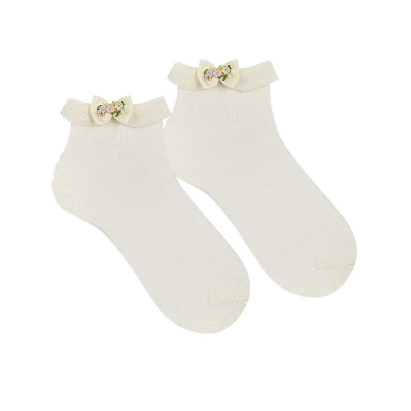 Ceremony ankle socks w/folded cuff and floral bow BEIGE