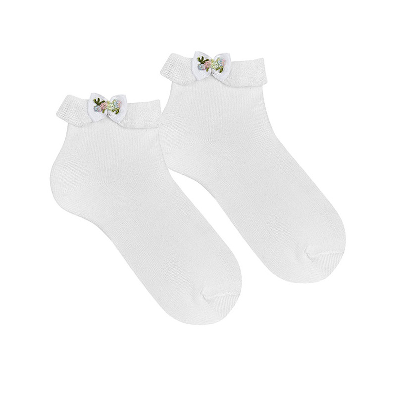 Ceremony ankle socks w/folded cuff and floral bow WHITE