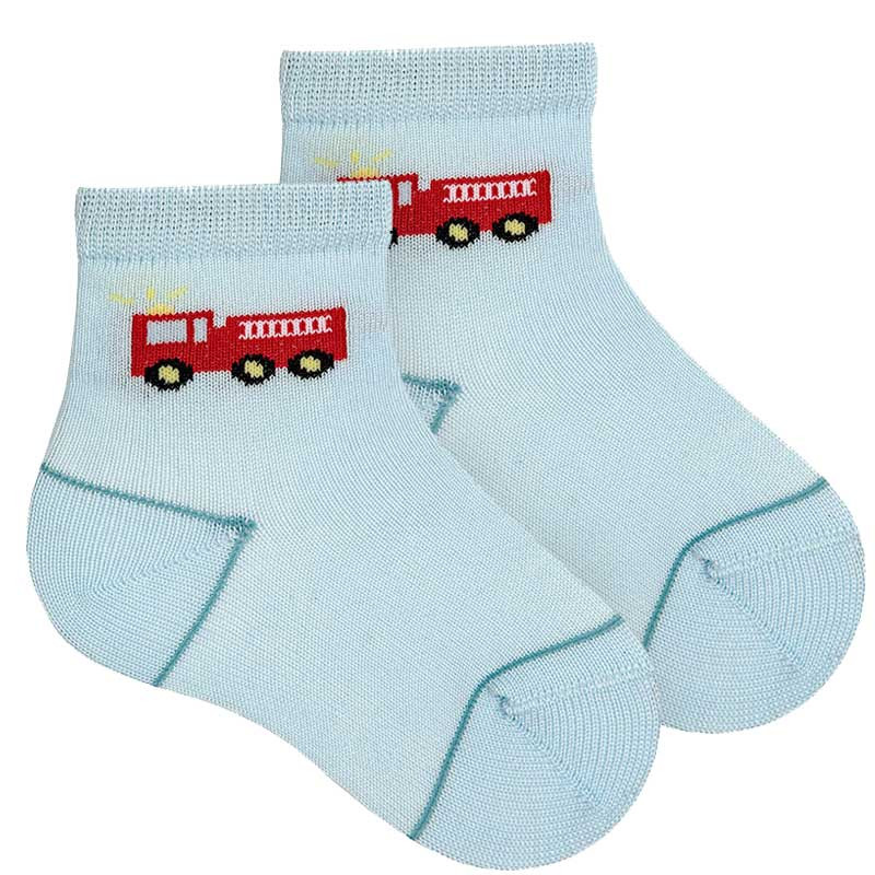 Fire truck embroidery short socks BABY BLUE