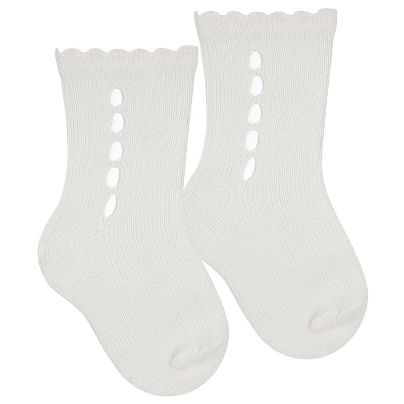 Openwork perle short socks with fancy cuff CREAM