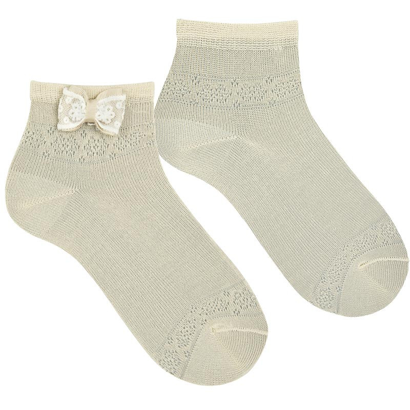 Ceremony ankle socks with lace trim bow LINEN
