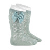 Perle geometric openwork knee-high sockswith bow SEA MIST