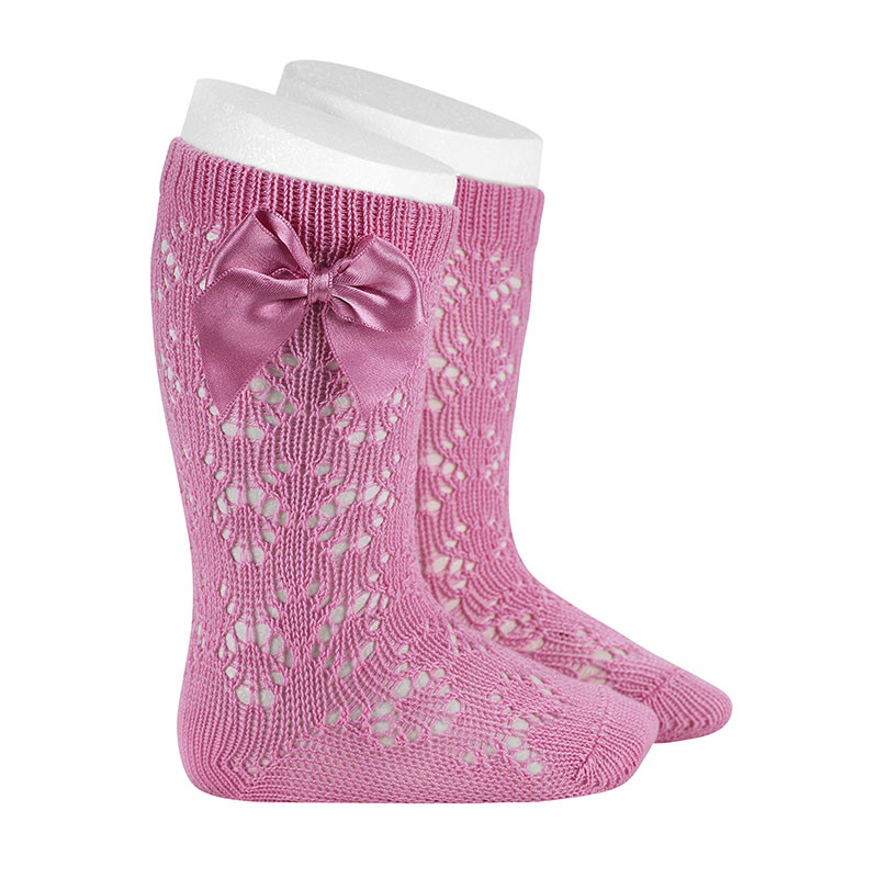 Chaussettes hautes perle,ajouré géometrique, noeud ROSE BONBON