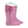 Chaussettes hautes perle,ajouré géometrique, noeud ROSE BONBON