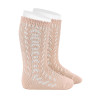 Perle cotton openwork knee-high socks NUDE