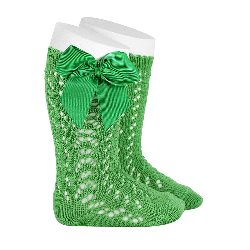 Perle openwork knee-high socks with grosgrain bow ANDALUSIAN GREEN