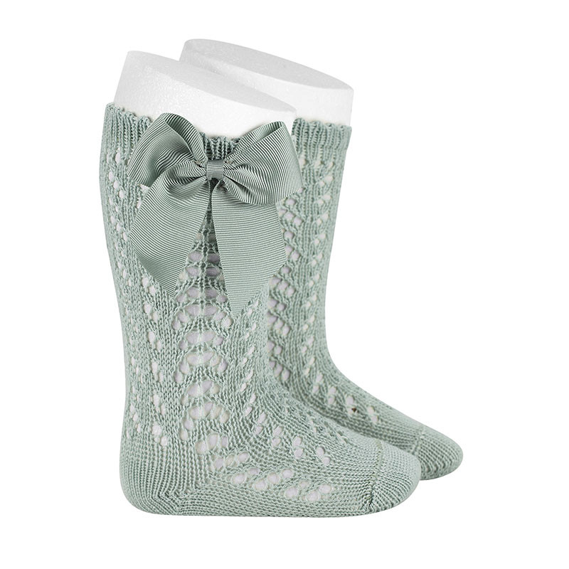 Perle openwork knee-high socks with grosgrain bow SEA MIST