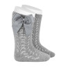 Perle openwork knee-high socks with grosgrain bow ALUMINIUM