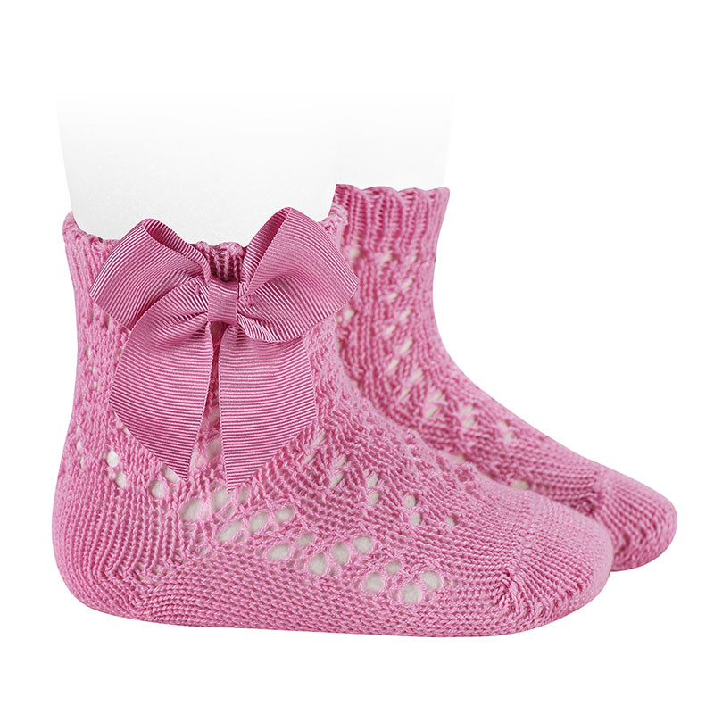 Chaussettes perle ajourées avec noeud grosgrain ROSE BONBON