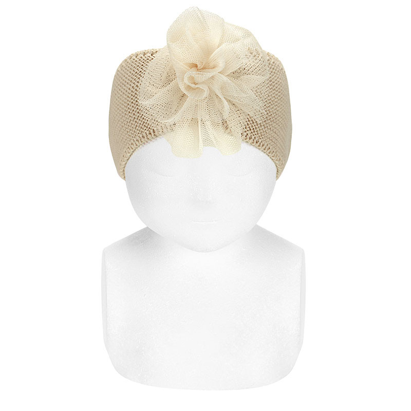 Garter stitch headband with tulle flower LINEN