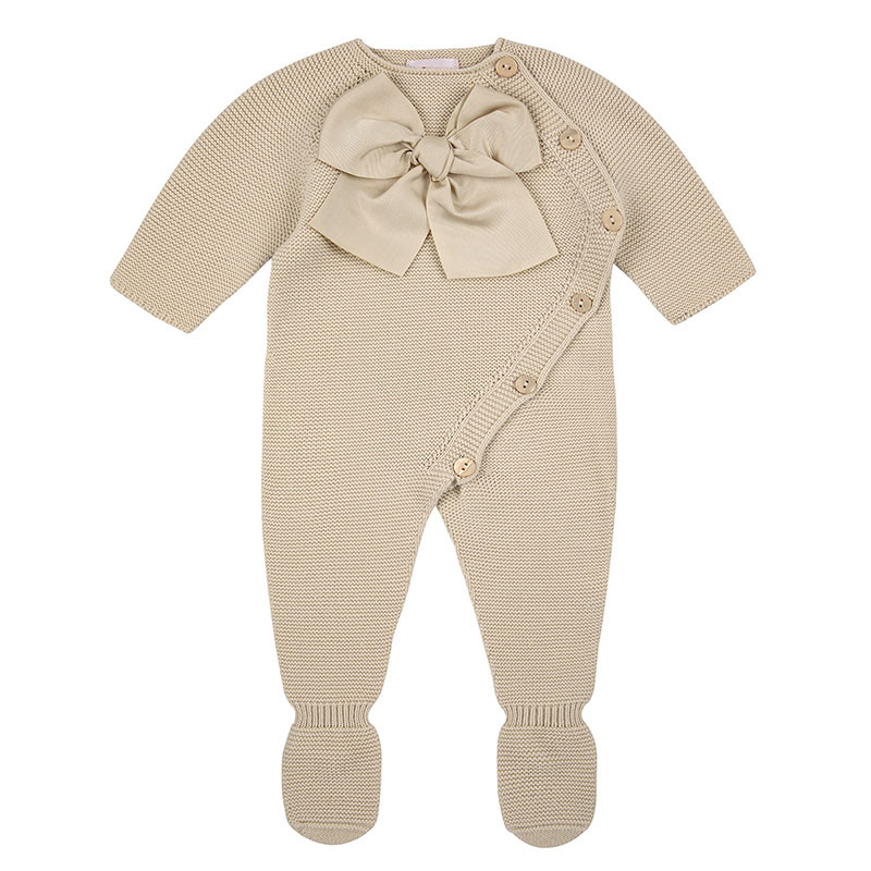 Garter stitch romper with large grosgrain bow LINEN