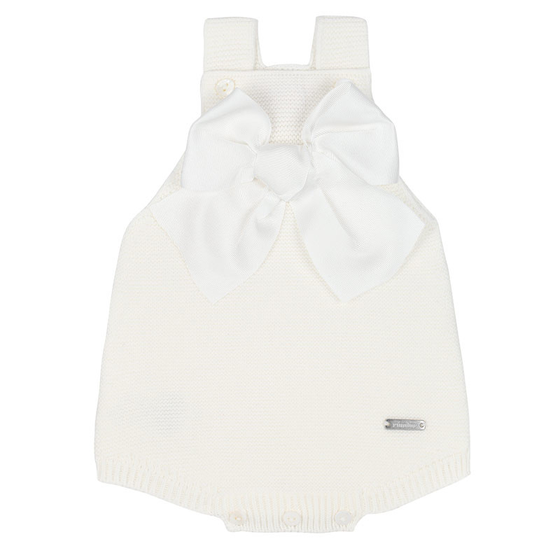 Garter stitch romper with large grosgrain bow CREAM