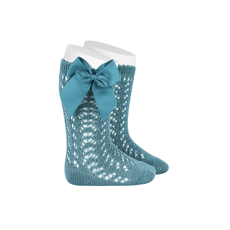 Perle openwork knee-high socks with grosgrain bow STONE BLUE