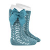 Perle openwork knee-high socks with grosgrain bow STONE BLUE