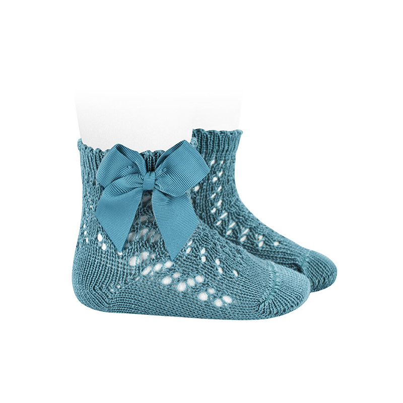 Perle cotton openwork socks with grossgrain bow STONE BLUE