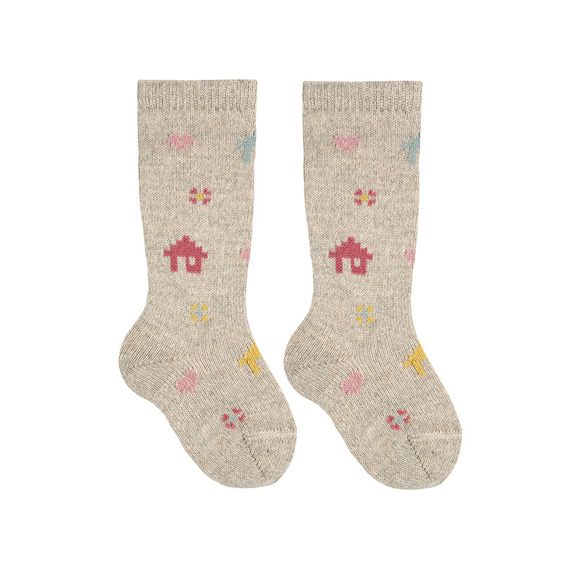 Merino wool blend knee socks with colorful houses NOUGAT