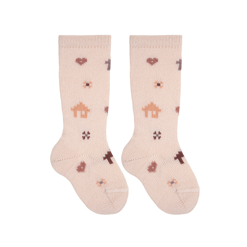 Merino wool blend knee socks with colorful houses NUDE
