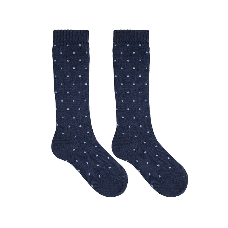 Chaussettes hautes mérinos mélangée micro carreaux BLEU MARINE