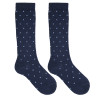 Chaussettes hautes mérinos mélangée micro carreaux BLEU MARINE
